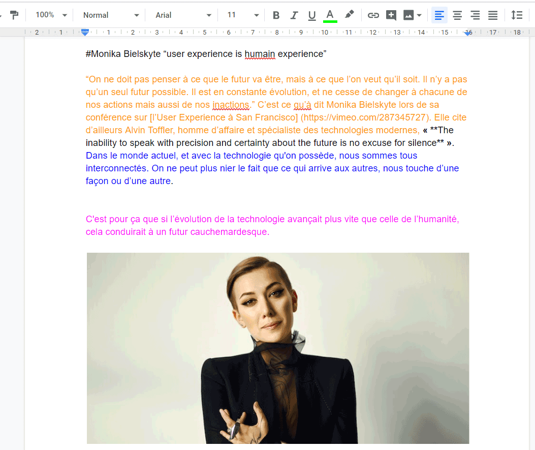 Capture d'écran du google doc avec les codes couleur